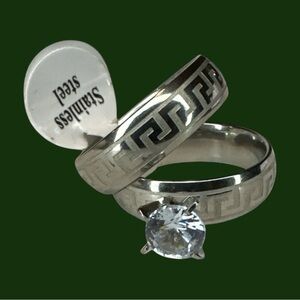 Stainless Steel Ring Set with Engraved Design - Size 19